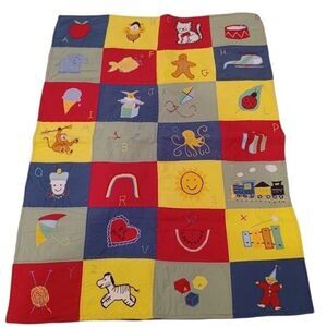 Reversible Baby Quilt Blanket Alphabet Animals Train Gingham Nursery Bedding